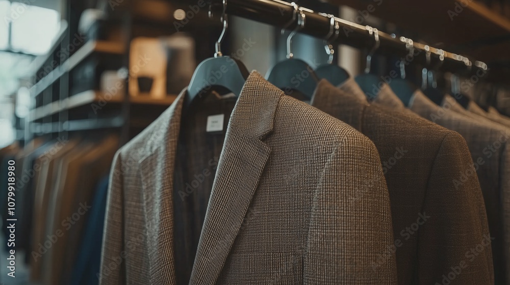 Obraz premium Close up brown luxurious suits hanging on row bar in clothing shop