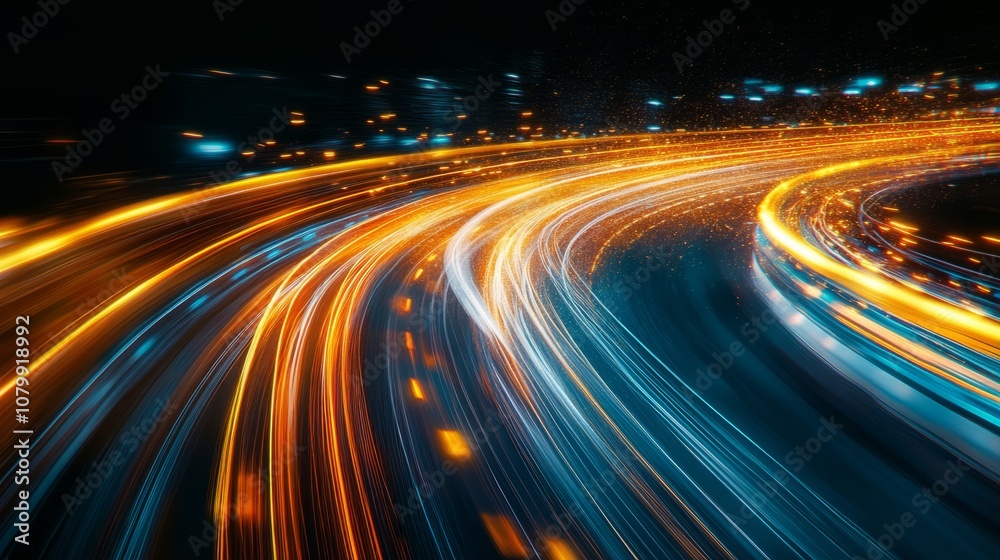 A stunning illustration of swirling data streams with neon highlights and explosive elements, capturing the essence of hyper-speed travel, isolated on a dark backdrop