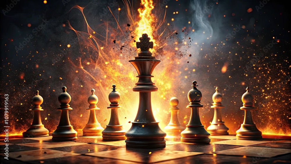 of chess pieces engulfed in flames with glowing particles , strategy, competition, battle, game, strategy, fire of chess pieces engulfed in flames with glowing particles , strategy, competition, battle, game, strategy, fire