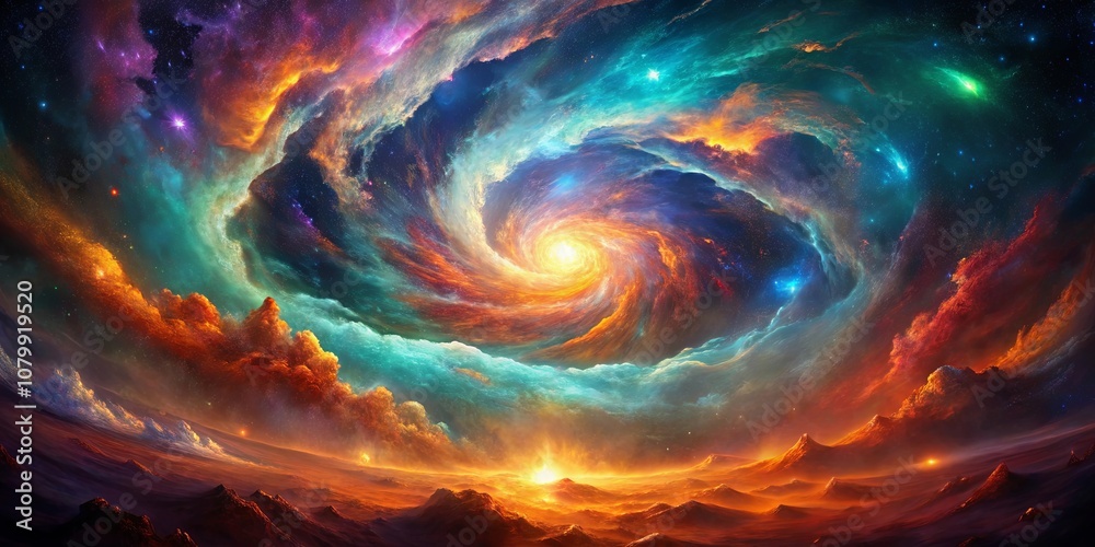 A swirling cosmic vortex of fiery and ethereal clouds, illuminated by a radiant glow, casts a captivating panorama across a rugged mountain range. A swirling cosmic vortex of fiery and ethereal clouds, illuminated by a radiant glow, casts a captivating panorama across a rugged mountain range.