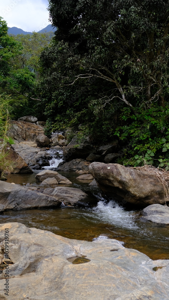 Clear River Flowing Between Rocks in a Scenic Landscape Clear River Flowing Between Rocks in a Scenic Landscape