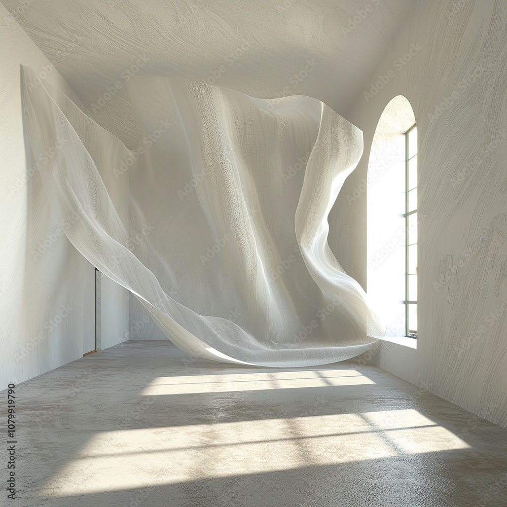 Three dimensional render of interior of almost empty room with blowing curtain Three dimensional render of interior of almost empty room with blowing curtain