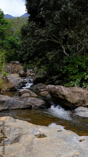 Clear River Flowing Between Rocks in a Scenic Landscape