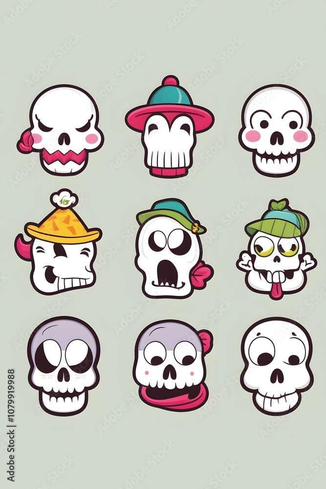 Nine Adorable Cartoon Skulls With Different Expressions and Hats Nine Adorable Cartoon Skulls With Different Expressions and Hats