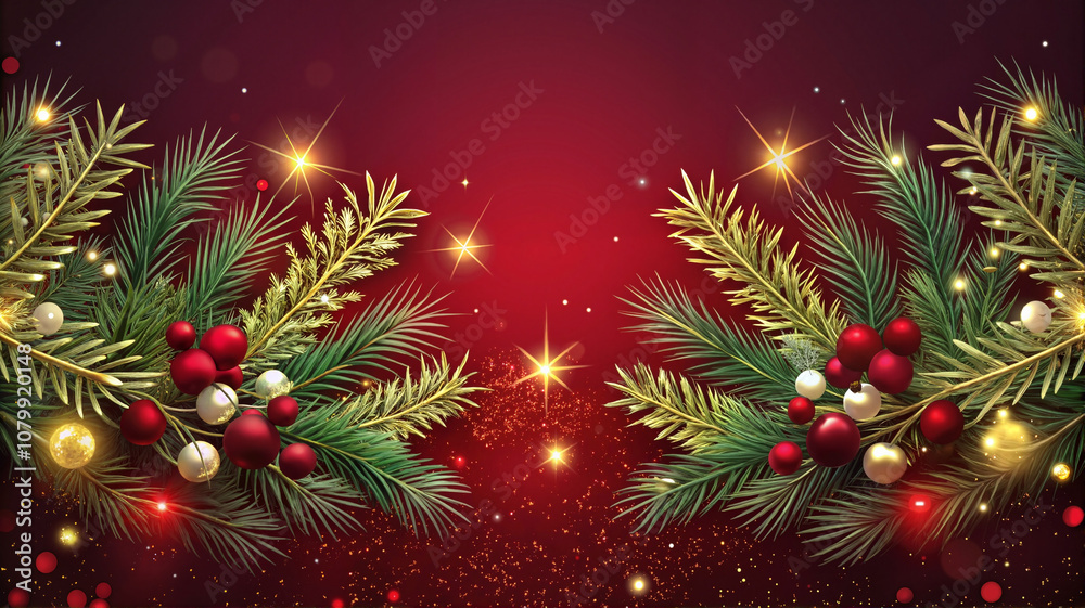 Christmas pine branches and berries with glowing stars on red
Christmas pine branches and berries with glowing stars on red