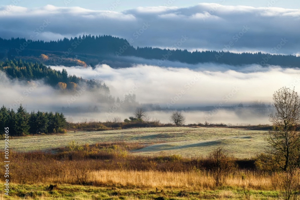 Fototapeta premium Foggy morning over a field with rolling hills in the background.
