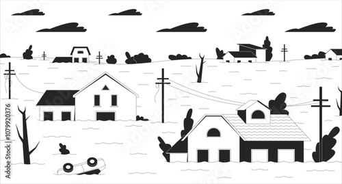 Floods danger black and white line illustration. Global climate crisis. Residential buildings going under water 2D landscape monochrome backdrop. Consequences of global warming outline vector