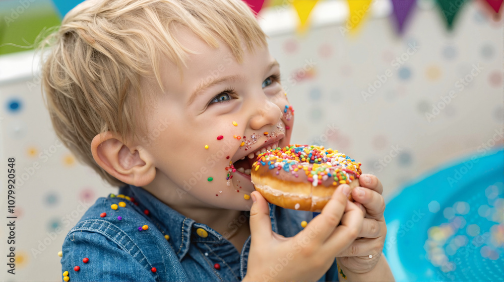 Boy eating sprinkled donut at a birthday party
Boy eating sprinkled donut at a birthday party