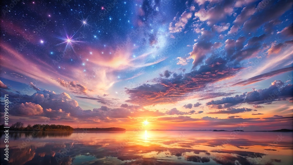 Obraz premium A Celestial Symphony A Serene Sunset Reflected in Calm Waters with a Canvas of Stars and Wispy Clouds