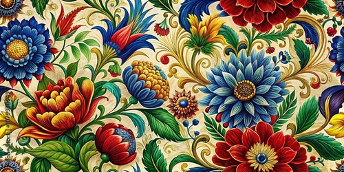 A vibrant and intricate floral pattern featuring a tapestry of blossoms in shades of red, blue, and yellow, with ornate golden swirls embellishing the background.