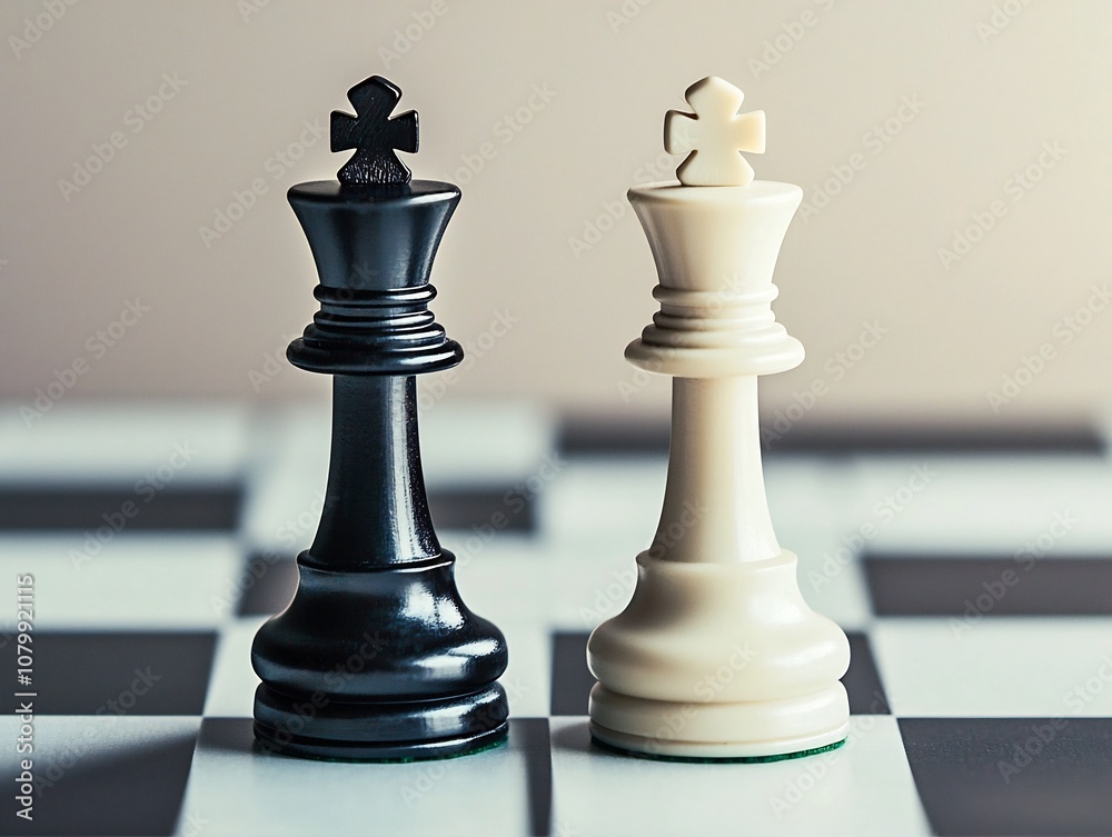 Two Chess Pieces Face to Face on Checkerboard Symbolizing High Stakes Rivalry in Game of Wits Two Chess Pieces Face to Face on Checkerboard Symbolizing High Stakes Rivalry in Game of Wits