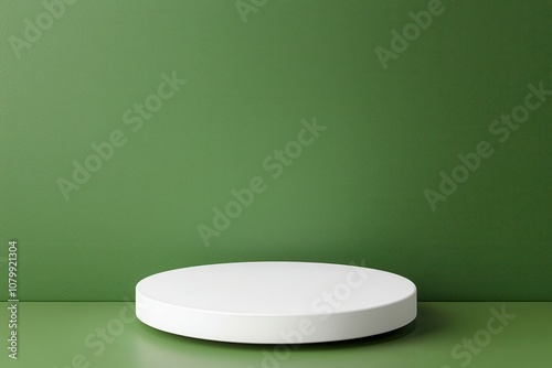 minimalist round white podium green background concept. Minimalistic white pedestal on green background for display purposes.