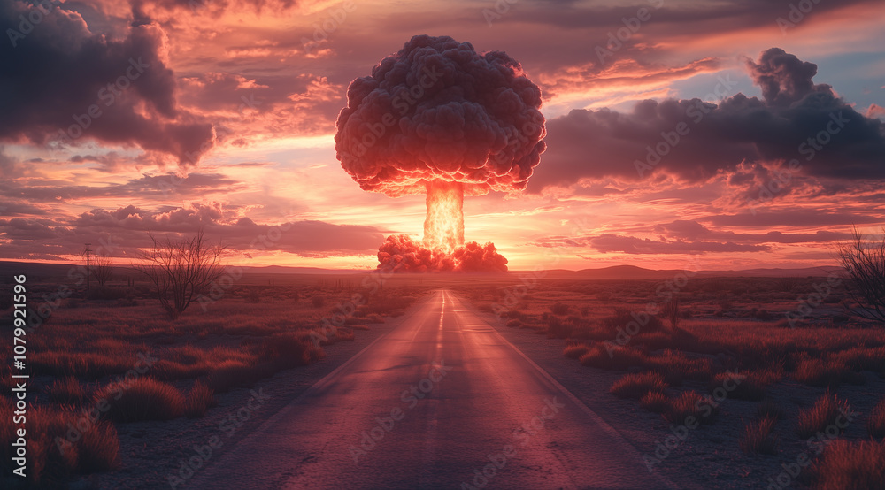 A mushroom cloud rising from an atomic explosion over the desert road. A huge nuclear bomb is in the sky, creating clouds of smoke and light that create an apocalyptic atmosphere A mushroom cloud rising from an atomic explosion over the desert road. A huge nuclear bomb is in the sky, creating clouds of smoke and light that create an apocalyptic atmosphere