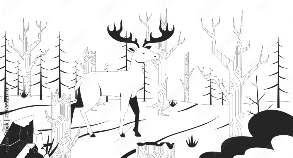 Naklejka premium Deforestation black and white line illustration. Woodland disaster. Moose walking across forest with dead trees 2D character monochrome background. Climate crisis impact on nature outline vector image