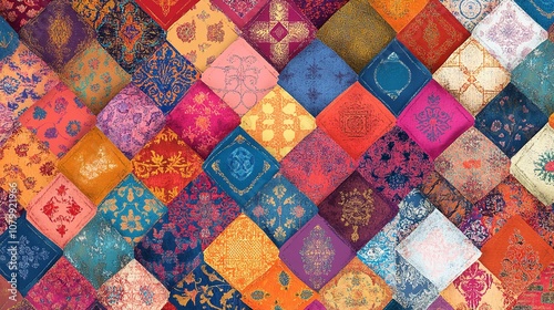 Colorful hand-drawn vector patchwork quilt pattern with Indian photo