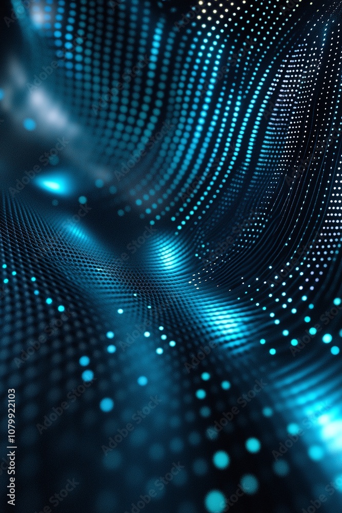 Obraz premium Abstract blue wave pattern with glowing dots creating a sense of depth and movement in a futuristic digital landscape for technology backgrounds and design projects