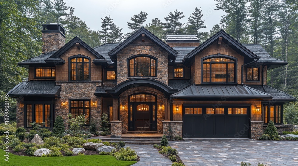 Elegant stone house surrounded by trees and landscaped garden. Elegant stone house surrounded by trees and landscaped garden.