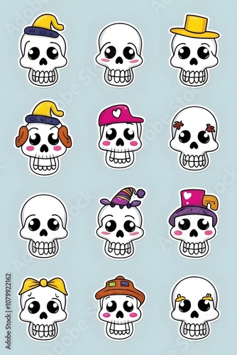 Cute Cartoon Skulls with Various Hats and Accessories - Fun and Playful Illustration