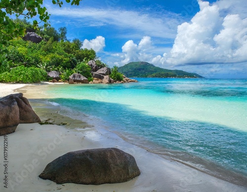 The Pristine Beaches and Crystal-Clear Waters of the Seychelles Islands, Featuring White Sands, Turquoise Lagoons, and Unique Coastal Landscapes Set in a Tropical Paradise