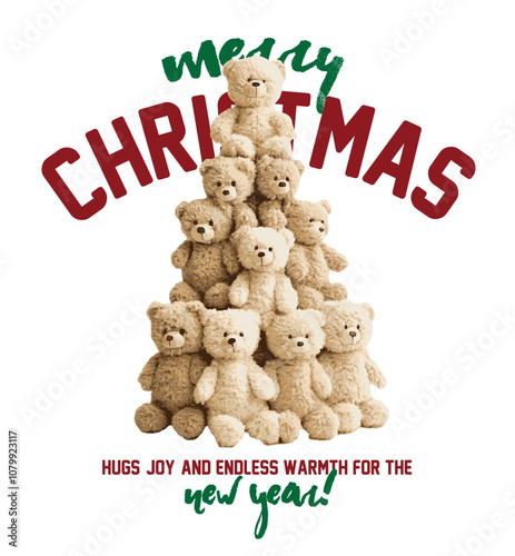 Christmas themed cute teddy bear vector illustration.Christmas Greeting Card with Santa Claus.Happy new year lettering.T-shirt Graphics.New Year Cards.Cute teddy bear graphic design with gift box.