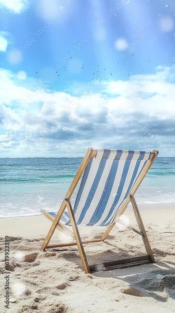 Relaxing Beach Scene with Striped Deck Chair by the Ocean. Background. Seamless looping motion design. Video animation. A tranquil beach scene featuring a striped deck chair facing the ocean Relaxing Beach Scene with Striped Deck Chair by the Ocean. Background. Seamless looping motion design. Video animation. A tranquil beach scene featuring a striped deck chair facing the ocean