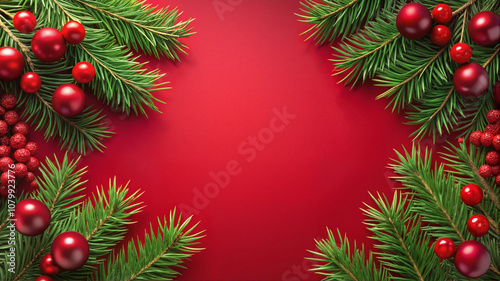 Red holiday background with pine branches 