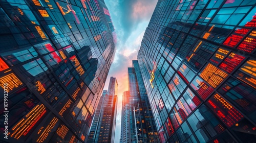 Glass skyscrapers reflecting orange and red lights against a blue sky. AI generative. .