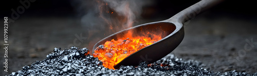 Blast furnace slag and pig iron being tapped, molten metal and slag poured into a ladle  - photo