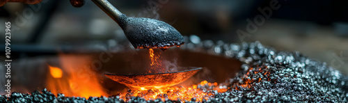 Blast furnace slag and pig iron being tapped, molten metal and slag poured into a ladle  - photo