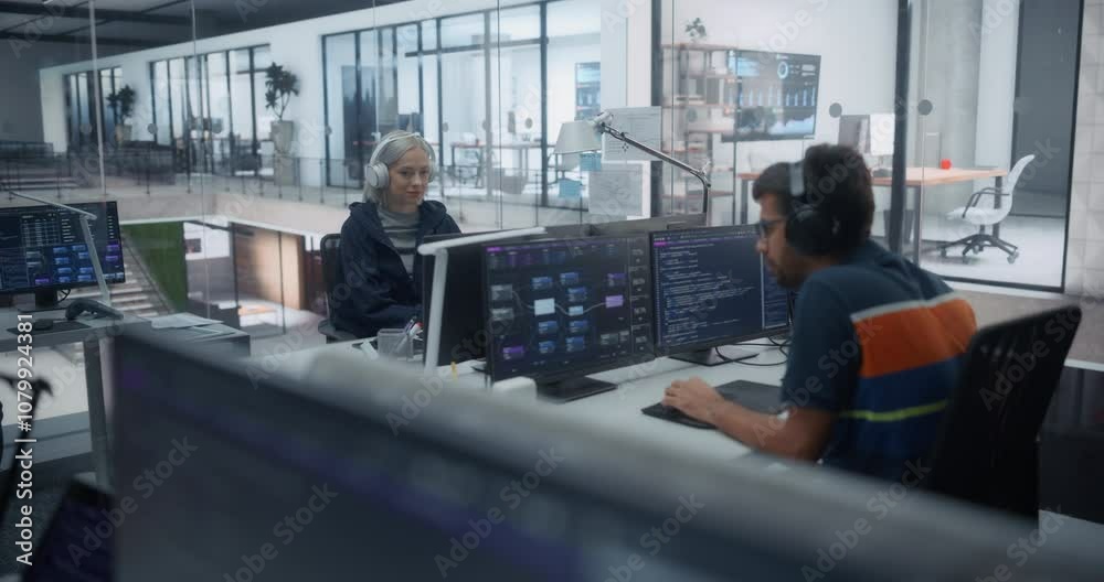 Group of Multicultural Men and a Caucasian Young Female Working in a Research Center, Using Computers to Run Advanced Software, Develop Artificial Intelligence Interface and Cloud Computing Blockchain