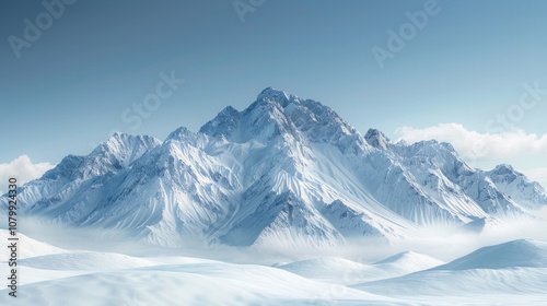 Snow-covered mountains with a bright blue sky and rolling hills in the foreground. AI generative. .