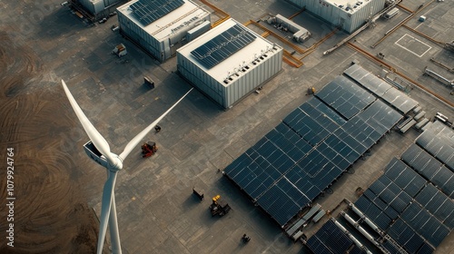 Aerial view of wind turbines and battery storage renewable energy facility industrial landscape low resolution