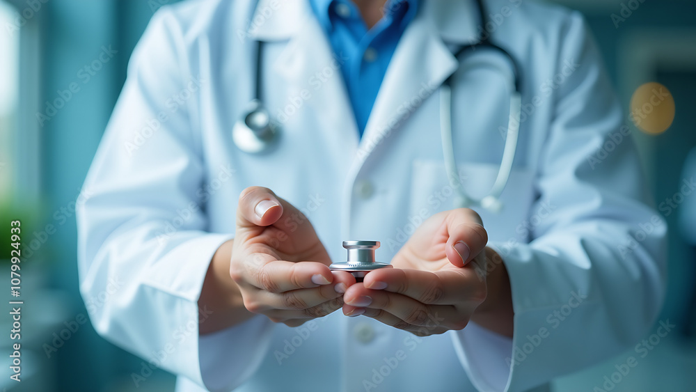 Doctor with a stethoscope in the hands behind on the hospital background / Medical concepts and health care Doctor with a stethoscope in the hands behind on the hospital background / Medical concepts and health care