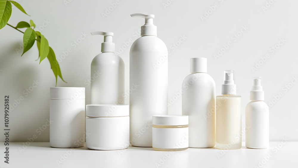 A sophisticated arrangement of health and skin care items against a white backdrop, A sophisticated arrangement of health and skin care items against a white backdrop,