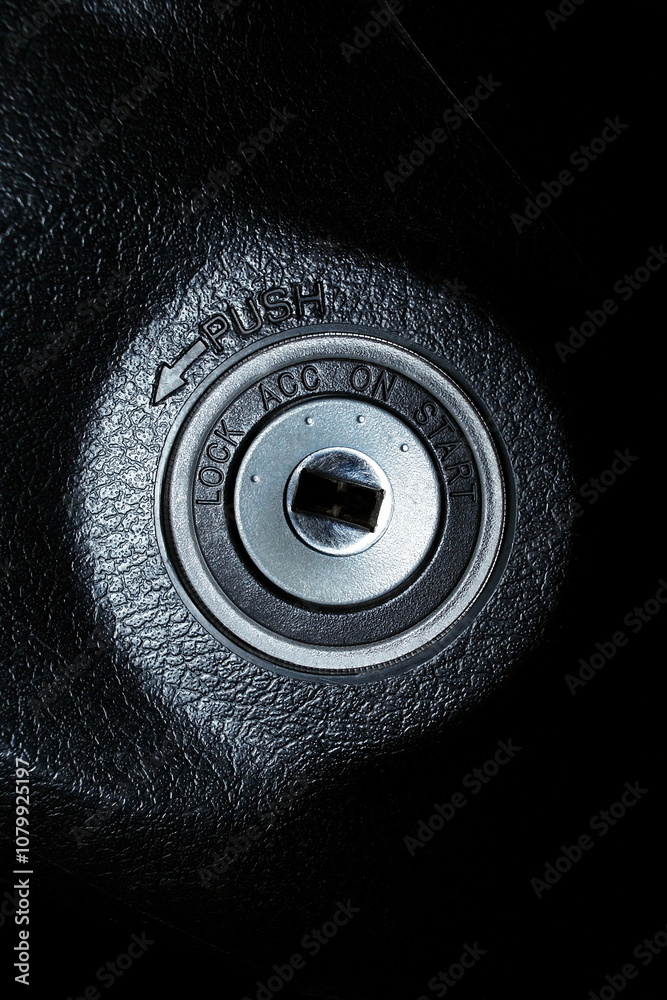 Car ignition keyhole with four step for starting the engine , Automotive part concept