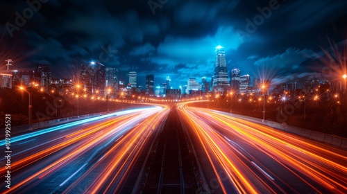 A highway with bright streaks of light, illuminated by street lamps, with a cityscape skyline in the background. AI generative. .