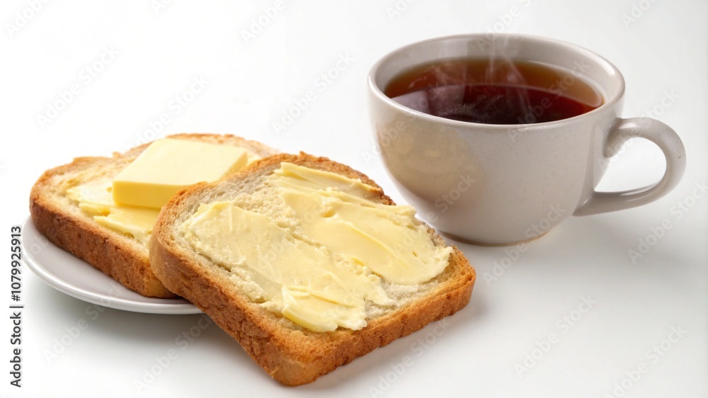 Cup of black tea and buttered bread isolated on white background. Buttered toast and tea Cup of black tea and buttered bread isolated on white background. Buttered toast and tea