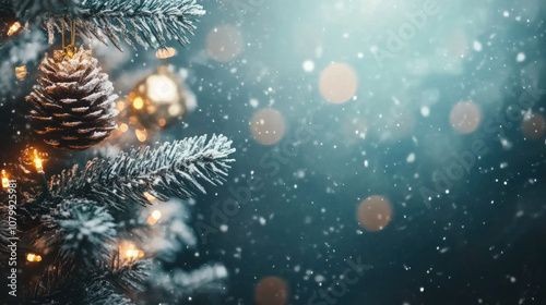 Christmas tree with twinkling lights covered in snow, creating a magical winter scene. photo