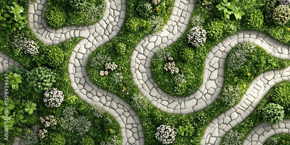 Fototapeta premium beautiful green labyrinth with green and cream stones paving and different flowers top view 