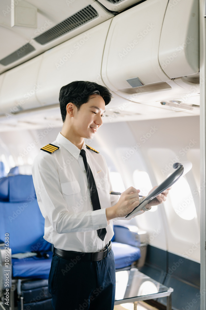 Asian Confident male pilot in uniform leaning at the passenger seat while standing inside of the airplane flight cockpit during takeoff and checking Asian Confident male pilot in uniform leaning at the passenger seat while standing inside of the airplane flight cockpit during takeoff and checking