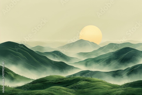 Green misty mountain range with a golden sun in the sky. AI generative. . photo