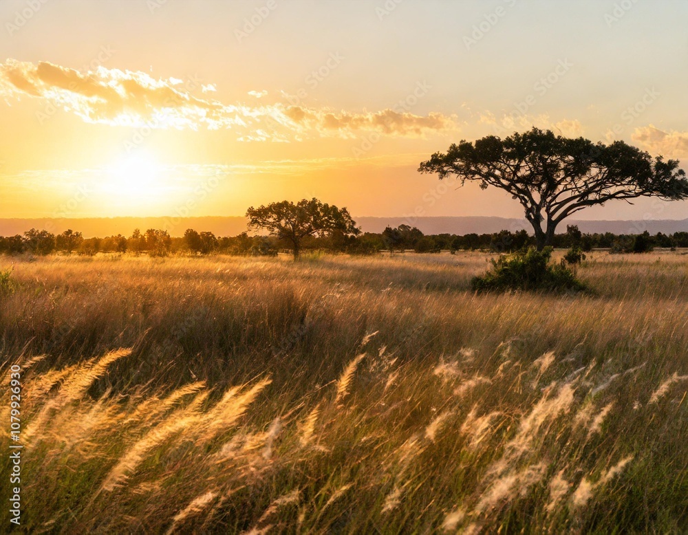 Expansive Savannah Stretching Under a Golden Sunset, With Tall Grasses Blowing in the Gentle Wind and Acacia Trees Silhouetted Against the Glowing Horizon