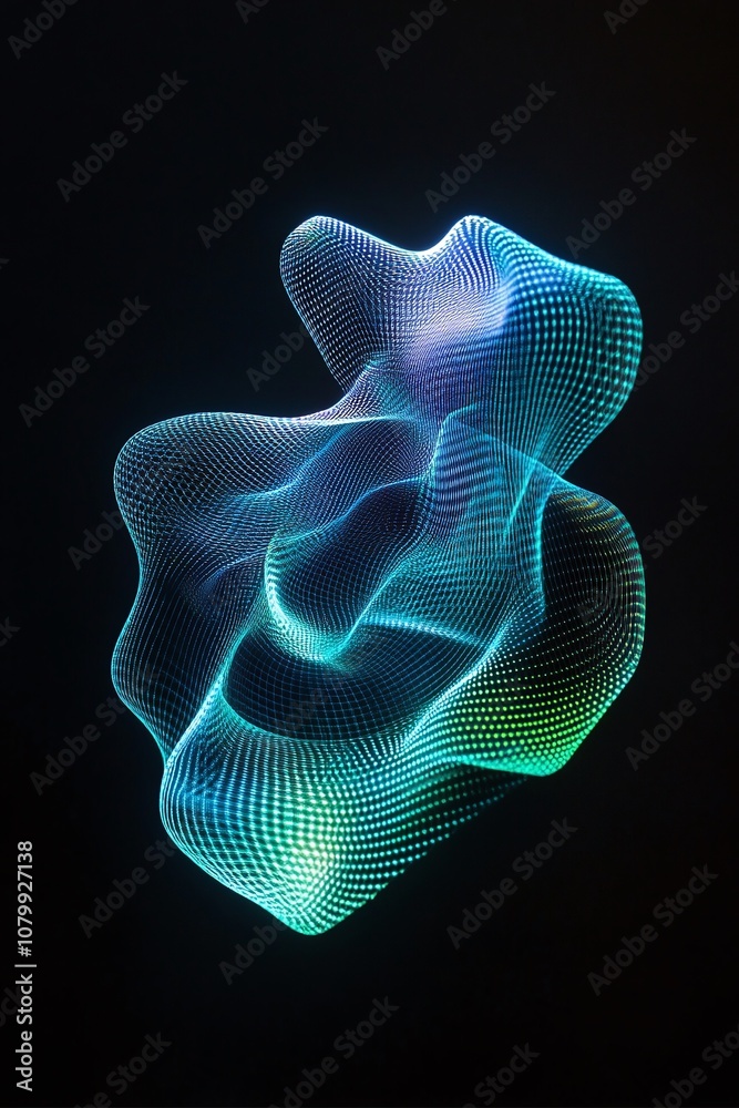 Abstract digital art featuring a luminous mesh wave form in vibrant blue and green hues displayed against a dark background, symbolizing technology and innovation.