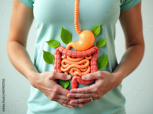 Woman holding stomach with a superimposed illustration of intestines surrounded by green leaves, representing digestive system health photo