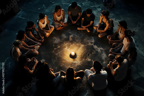 Circle of support: men and women sharing strength and healing during group therapy --ar 3:2 -