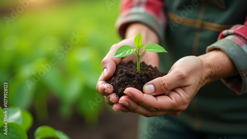 Farmer 50s senior woman holds green pepper seedlings in her hands Planting green pepper seedling in garden bio farming High quality photo. Creative Banner. Copyspace image photo