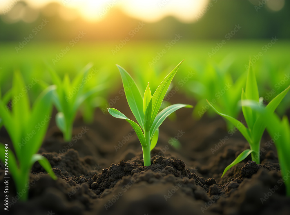 Maize seedling in cultivated agricultural field with graphic concepts modern agricultural technology digital farm smart farming innovation : Generative AI Maize seedling in cultivated agricultural field with graphic concepts modern agricultural technology digital farm smart farming innovation : Generative AI