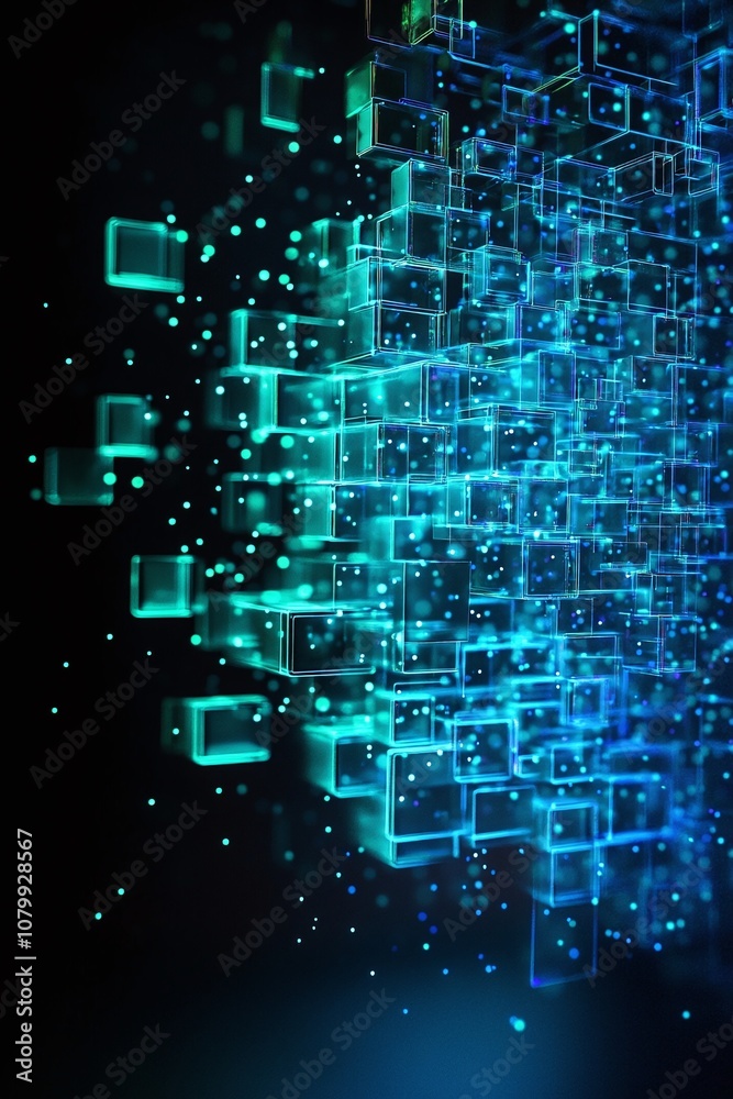 Abstract digital background with luminous blue squares and particles creating a sense of depth and technology, suitable for futuristic and modern design projects. Abstract digital background with luminous blue squares and particles creating a sense of depth and technology, suitable for futuristic and modern design projects.