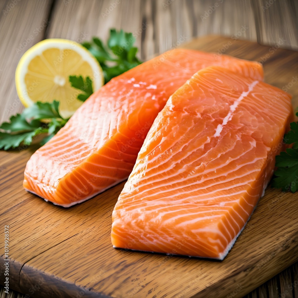 Fresh salmon is placed side by side on a wooden cutting board. The salmon is bright orange and firm. Fresh salmon is placed side by side on a wooden cutting board. The salmon is bright orange and firm.