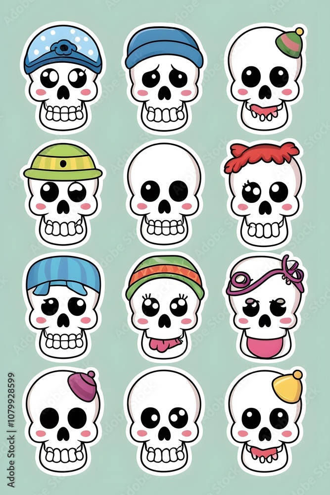 Cute Cartoon Skulls with Different Hats and Expressions - A Collection of Adorable and Playful Skull Illustrations Cute Cartoon Skulls with Different Hats and Expressions - A Collection of Adorable and Playful Skull Illustrations